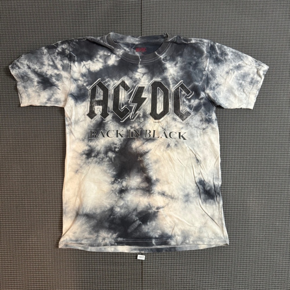 AC/DC Back In Black Tie Dye Graphic T-Shirt Black White Rock Band Tee Small